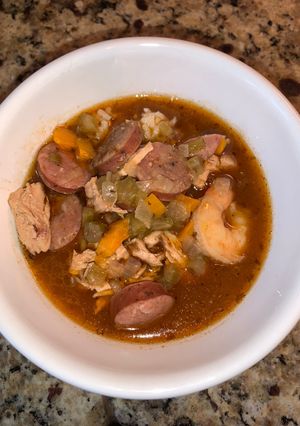 A picture of Gumbo: Shrimp, Chicken and Andouille Sausage.