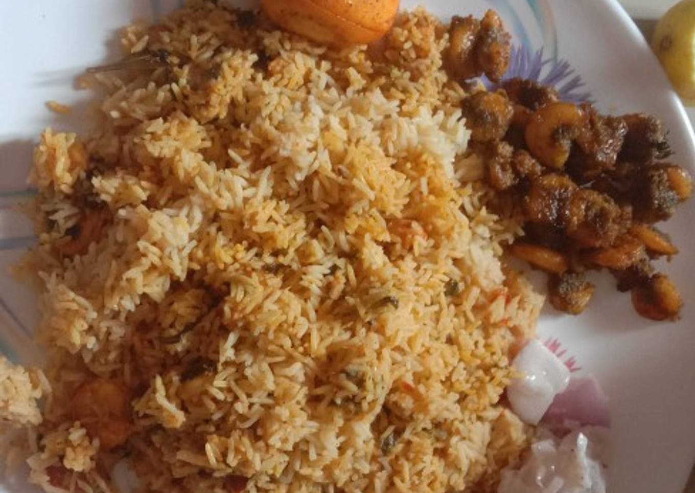 Prawn briyani and spicy prawn fry