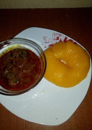 A picture of Banga soup and Starch.