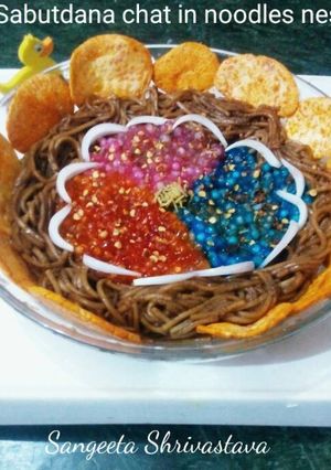 A picture of Sabutdana chat in noodles nest.