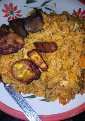 A picture of Jollof rice and plantain.