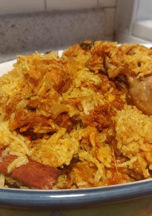 A picture of Chicken 65 biryani.