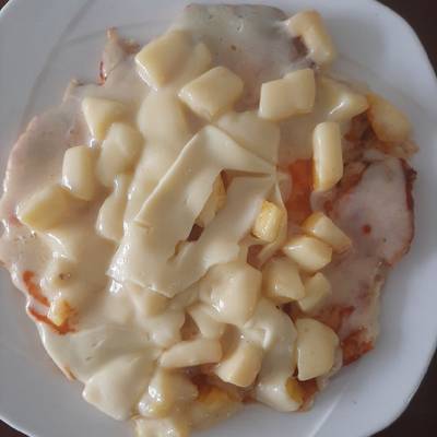 Pizza de pollo al sartén (Sin harina) Receta de Carolina Castillo- Cookpad