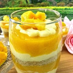 3 layered mango custard pudding A picture of 3 layered mango custard pudding.