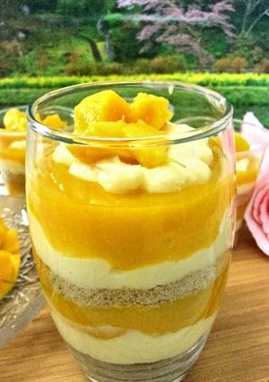 A picture of 3 layered mango custard pudding.