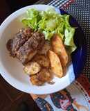 Pan de carne con papas y boniatos al horno