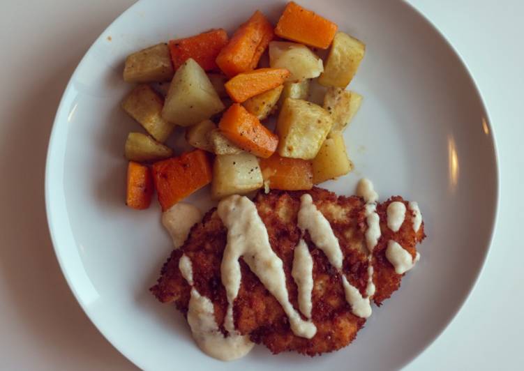 Chicken schnitzel with roasted veggies