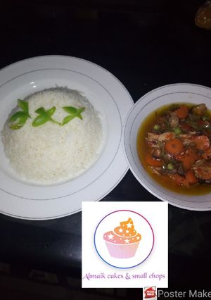 A picture of Rice with fish and vegetable soup.