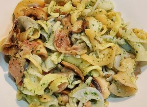 Foto resep Pasta pesto bacon jamur