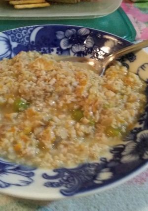 Una foto de Sopa de pollo, verduras y avena