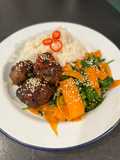 Sticky hoisin beef meatballs with sesame veg
