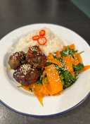 Sticky hoisin beef meatballs with sesame veg