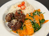 Sticky hoisin beef meatballs with sesame veg