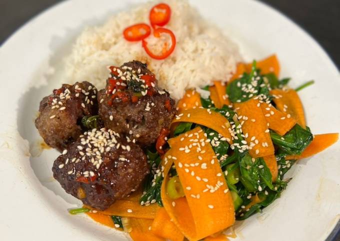 Sticky hoisin beef meatballs with sesame veg