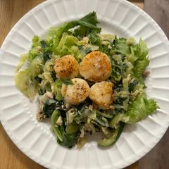 A picture of Steamed Scallops with greens.
