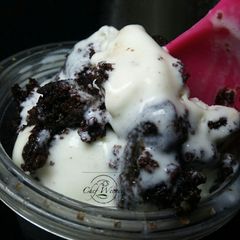 A picture of Vanilla Ice cream with Moist chocolate cake.