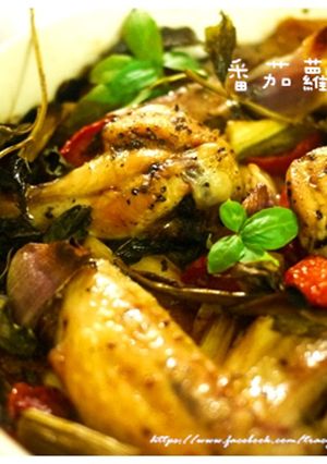 傑米·奧利佛的番茄蘿勒烤雞腿 的食譜成品照片