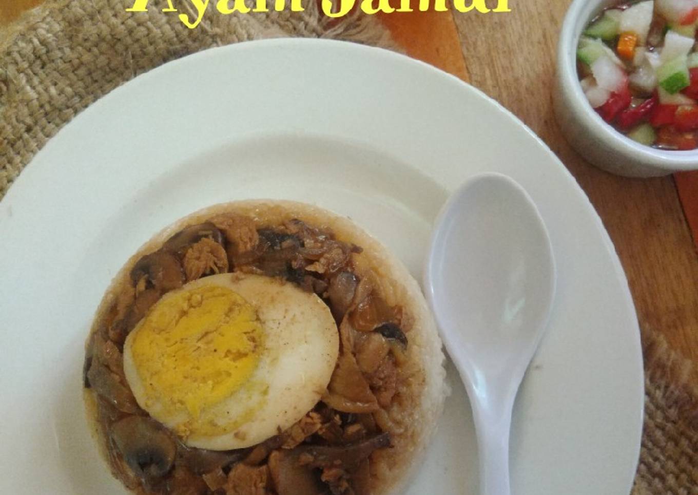 Nasi tim ayam jamur Dan Acar Buah