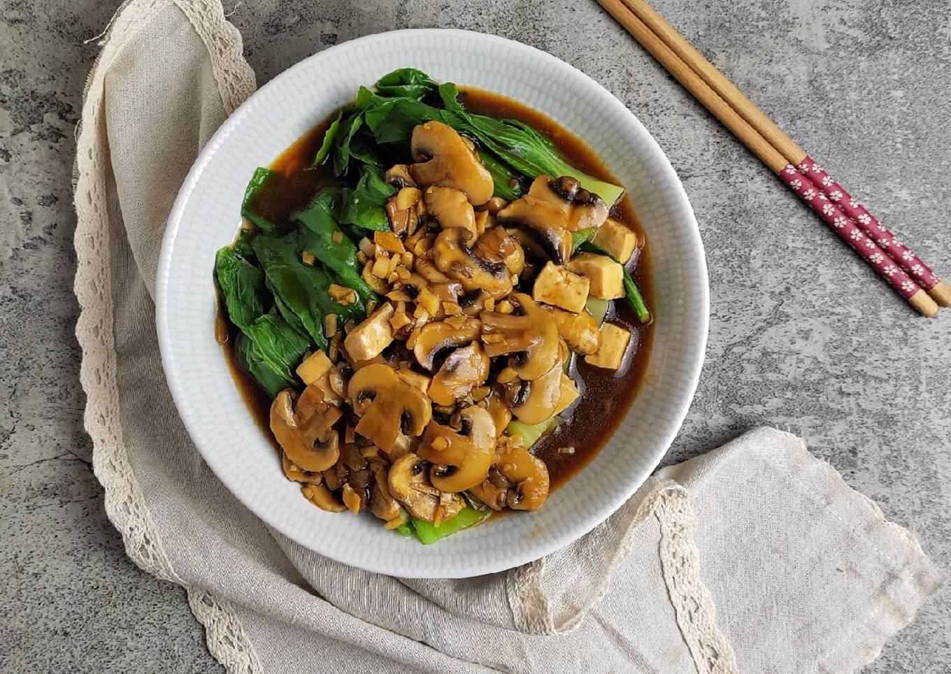 Tumis Pokcoy Jamur Tahu