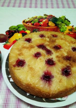 A picture of Pineapple Raspberry Upside Down Cake.