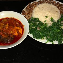 A picture of Veggie rice and beans with fish stew.