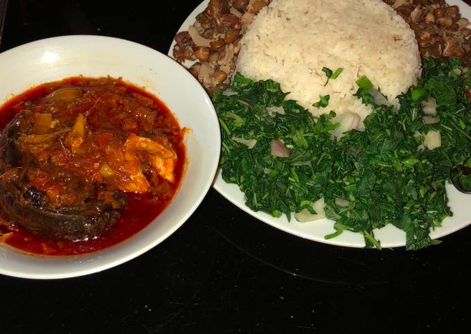 Veggie rice and beans with fish stew