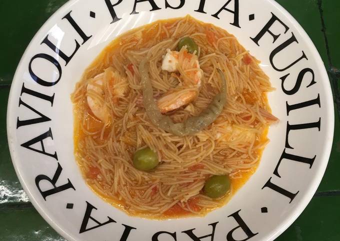 Fideos a la veracruzana con camarones Receta de Mercedes Cossío- Cookpad