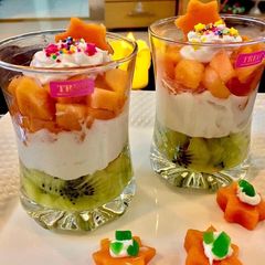 A picture of Tricolour fruits trifle.