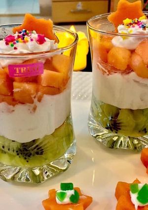 A picture of Tricolour fruits trifle.
