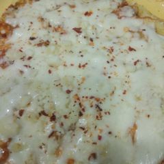 A picture of French fries pizza.