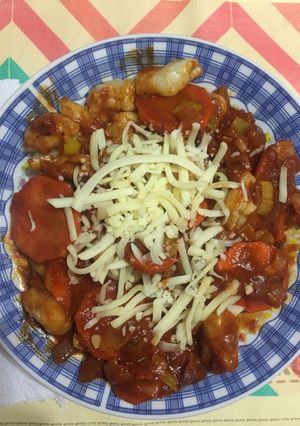 Una foto de Ñoquis de berenjena y queso con salsa de verduras 😋