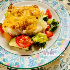 A picture of Haddock with vegetables and crispy lemon crust.
