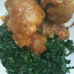 A picture of Chicken stew with greens.