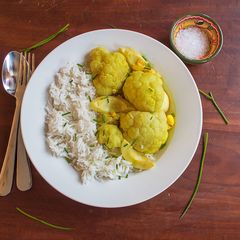 A picture of Vegetarian cauliflower and egg curry.