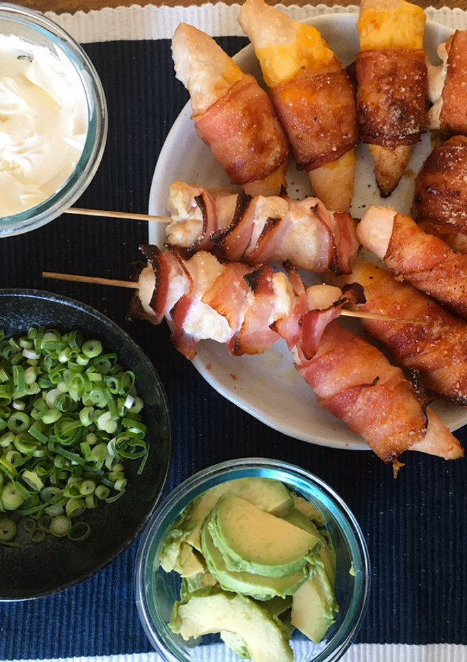 A picture of Bacon wrapped Cheddar Chicken.