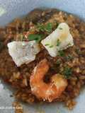 Arroz cremoso de setas, con rape y langostinos crujientes 😘😘, aromatizado con salsa de trufas
