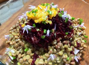 Una foto de Ensalada de Lentejas, remolacha y confit de cebolla y zanahoria