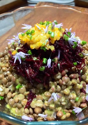 Una foto de Ensalada de Lentejas, remolacha y confit de cebolla y zanahoria