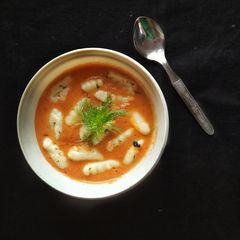 Gnocchi tomato basil soup with vegetable broth A picture of Gnocchi tomato basil soup with vegetable broth.