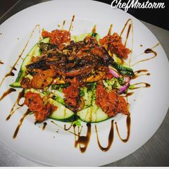 Garlic Lemon Chicken Salad Sun-dried Tomatoes and Balsamic Vinegar Glaze A picture of Garlic Lemon Chicken Salad Sun-dried Tomatoes and Balsamic Vinegar Glaze.