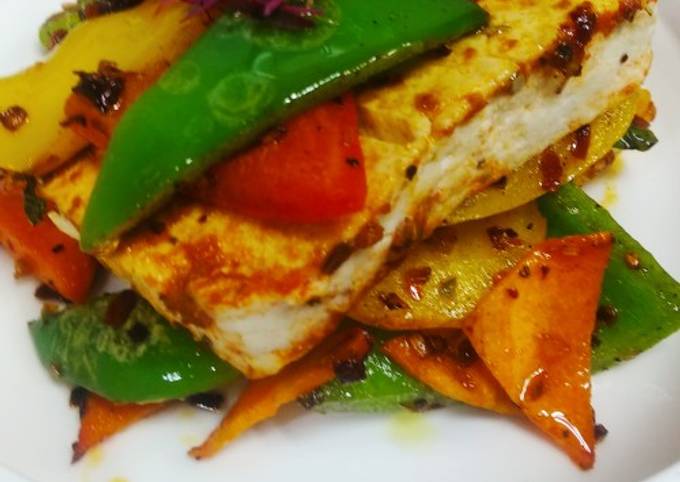 Spicy paneer steak with charred bell peppers