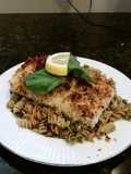 Brad's panko parmesan crusted halibut with cashew pesto pasta