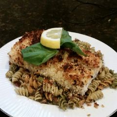 A picture of Brad's panko parmesan crusted halibut with cashew pesto pasta.