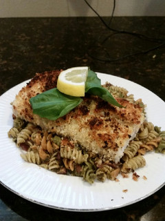 A picture of Brad's panko parmesan crusted halibut with cashew pesto pasta.