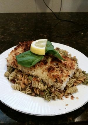 A picture of Brad's panko parmesan crusted halibut with cashew pesto pasta.