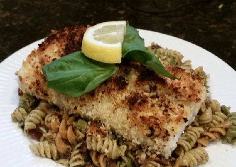 Brad's panko parmesan crusted halibut with cashew pesto pasta