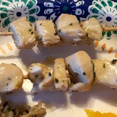 A picture of Rosemary asiago chicken kabobs.