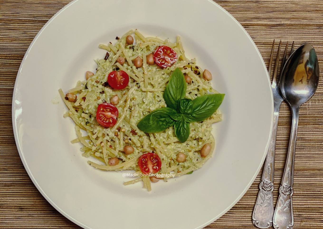 Nutty Asparagus Basil Pesto on Spaghetti