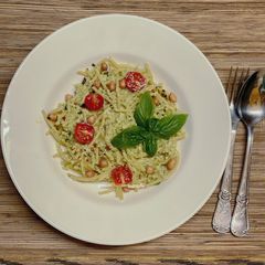 A picture of Nutty Asparagus Basil Pesto on Spaghetti.