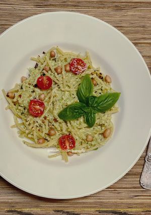 A picture of Nutty Asparagus Basil Pesto on Spaghetti.